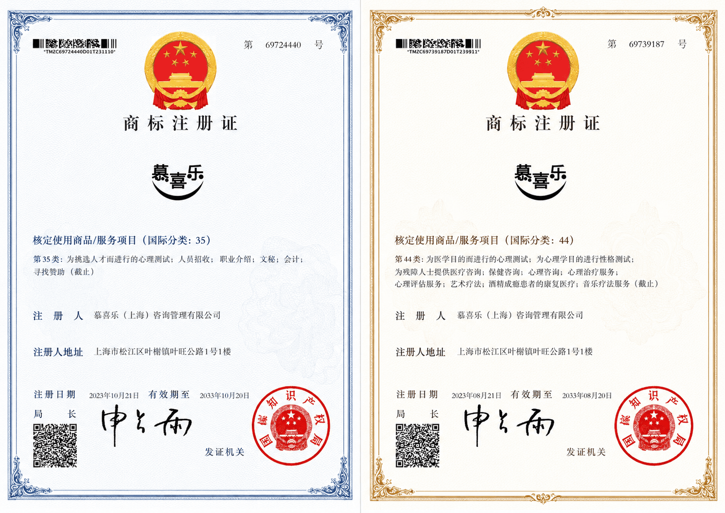 慕喜乐商标注册证